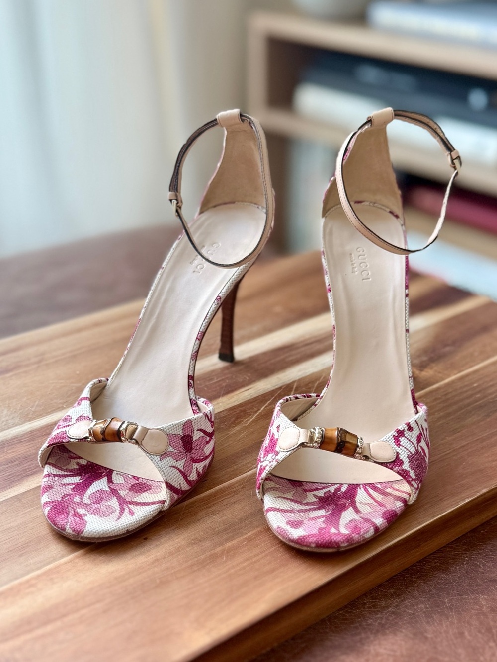 Gucci Pink Flora Canvas Bamboo Ankle Strap Sandals